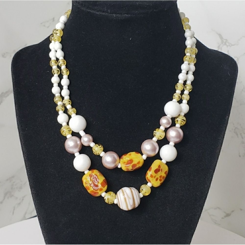 VINTAGE ARTISAN Glass & Resin Beaded Double Strand Necklace